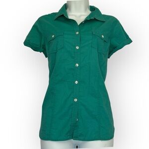 Eddie Bauer Y2K Style Teal Button Up Women's Short Sleeve Shirt 100% Cotton